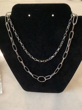 Silver Tone Double Layer Paperclip Chain Necklace, Brand New